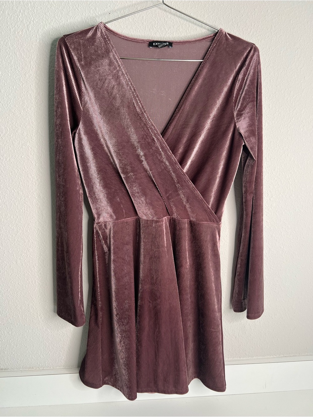 Express Velvet Long-Sleeve Wrap Skater Dress in Dusty Rose